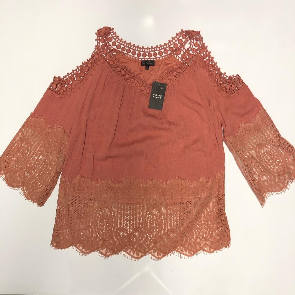Buckle Black Crochet-Trim Cold Shoulder Top Blouse Size small